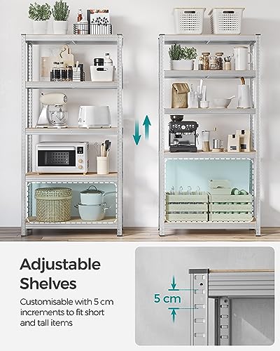 SONGMICS 5-Tier Storage Shelf, Adjustable Boards, Industrial Style, for Kitchen, Living Room, 40 x 90 x 180 cm, 875 kg Capacity, Silver GLR40SV