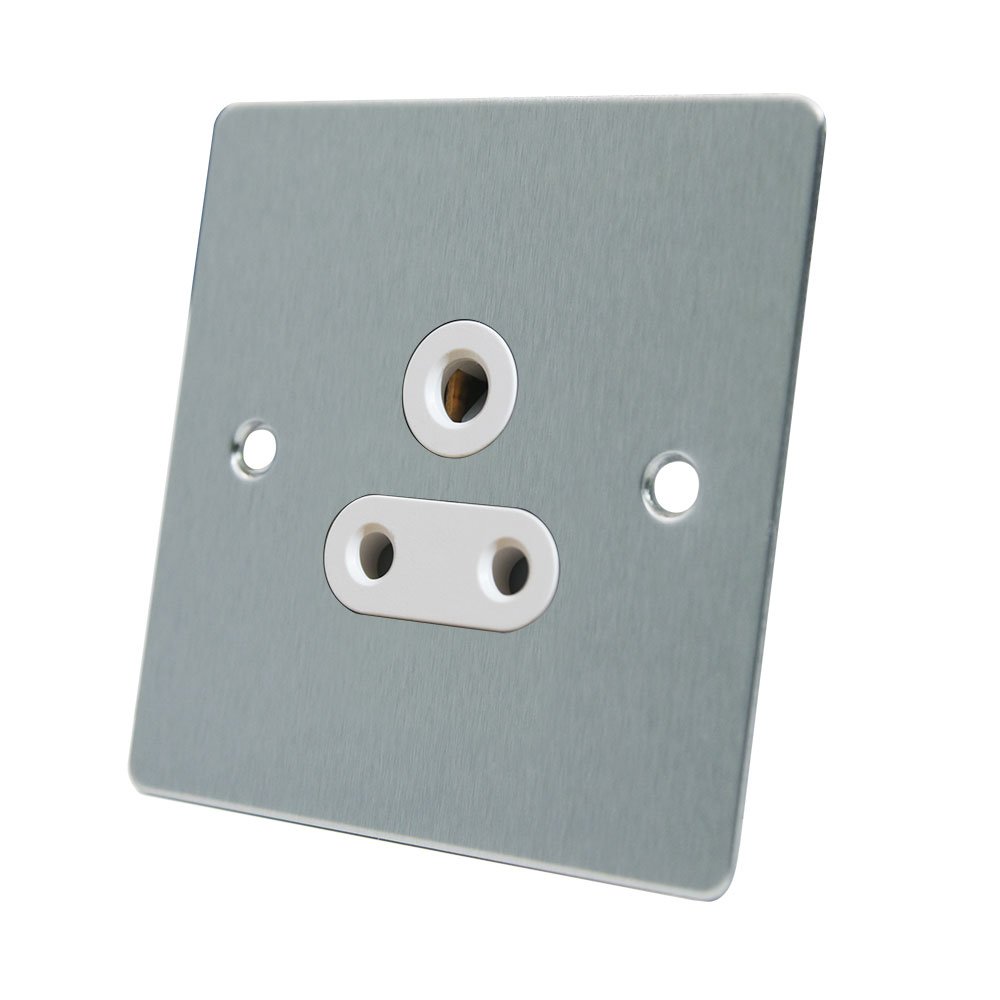 AET FSC5ASOCWH Satin Chrome Flat White Insert-5 Amp 1 Gang Round Pin Unswitched Plug Socket, 240 V