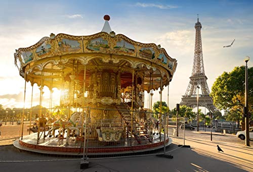LFEEY 5x3ft Vinyl Eiffel Tower in Paris Backdrop Merry-go-Round Photography Background Holiday Travel in Park Holiday Party Backdrop Children Kids Adults Portraits Photo Studio Props