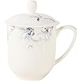 SILINE Fine Bone China Tea Cup with Lid 12 Oz,Jingdezhen White Porcelain Mug for Office Home (Blue and White)