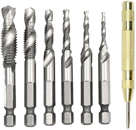 6 Pcs 1/4" HSS Spiral Hex Shank Combination Drill Screw Tap Bit Set (M3-M10) with Automatic Spring Loaded Center Punch Tool