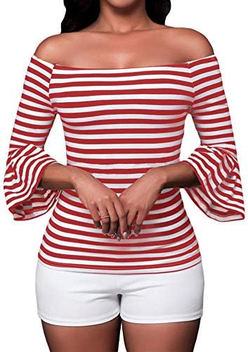 Women's Off Shoulder Tops Stretch Flared 3 4 Sleeve Striped T Shirt Blouse