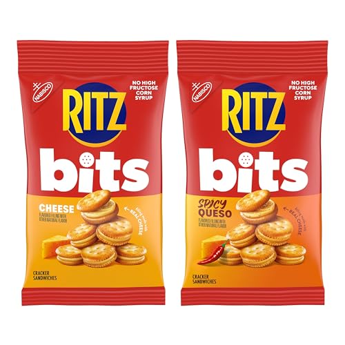 RITZ BITS CHEESE AND SPICY QUESO CHEESE SANDWICH CRACKERS VARIETY PACK, SNACKS FOR KIDS AND ADULTS, LUNCH SNACKS, 12-3 OZ BAGS