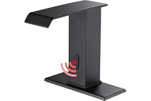 YBlucklly Automatic Sensor Touchless Waterfall Bathroom Sink Faucet with Control Box and Temperature Mixer DC Powered Sensor Hands Free Bathroom Tap Matte Black Vanity Faucets with Hole Cover Plate