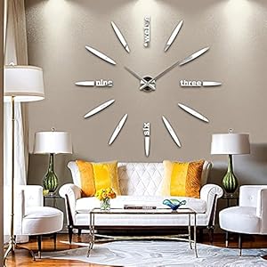GEEDIAR DIY 3D Große Wanduhr Modelle Dekoration Spiegel Aufkleber Wandsticker Große Uhr Geschenk Empfehlen (Silber)