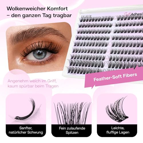 CALAILIS Self-Adhesive Eyelash Extensions, 198 Pieces, D Curl Wispy Eyelashes, Self-Adhesive, Press On Lashes, No Glue Needed, Pre Glue Eyelashes with Tweezers (A14)