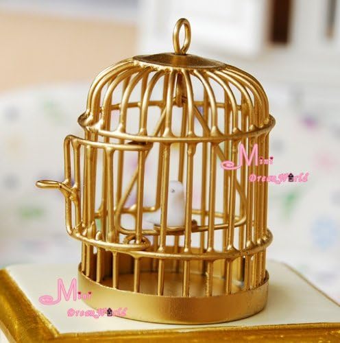 Toy Metal Bird Cage W/ White Bird 1/12 Dollhouse Miniature by Minidreamworld