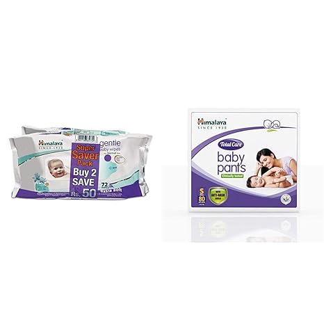 Himalaya Gentle Baby Wipes (72 Napkins of 2 Packs) & Himalaya Total Care Baby Pants Diapers, Small, 80 Count