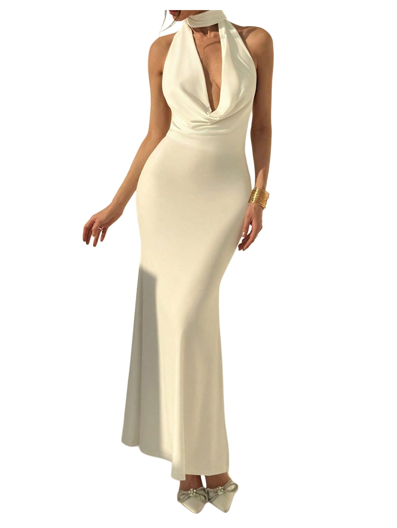 Photo 1 of SOLY HUX Women's Cowl Neck Halter Bodycon Long Dress Sleeveless Fishtail Party Cocktail Maxi Dresses Solid White Medium
