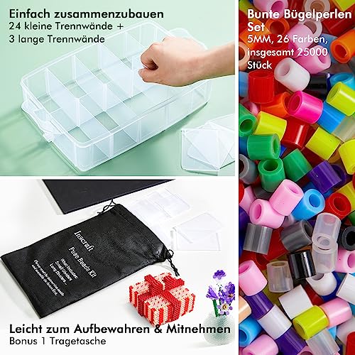 INSCRAFT Ironing Beads Set, 25000 Pieces Large Ironing Beads 5 mm, 26 Colours XL Ironing Beads, Large Ironing Beads with 10 Ironing Paper, 127 Beads Templates and 4 Ironing Beads Plates, Beads from 3 Years