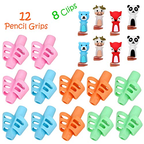 Colovis Pencil Grips,Upgraded Pencil Grips for Kids Handwriting,Pack of 12 Writing Aid Grips for Kids, School Supplies for Kids,Bonus with 8 Pencil Grip Clips.