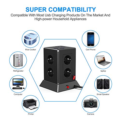 YARUIKE Multipresa Verticale,Ciabatta Multipresa da scrivania Elettrica con protezione da sovraccorrente, 8 prese 2500W/10A,8 porte di carica USB 5 V/4.8A e con 2M di cavo prolungato