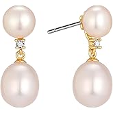 XYJZXY 18K Gold Pearl Stud Earrings for Women Double Pearl Earrings Cubic Zirconia Dangle Drop Earrings Bridal Wedding Jewelry