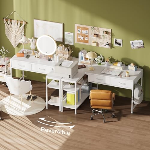 CAIYUN L Shaped Computer Desk with 2 Drawers, 39 Inch Office Corner Desk with 2 Storage Shelves, Working Table Study Table for Home Office Desk, White