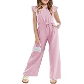 CharmWM Girls Casual Jumpsuit Kids Fashion Cap Sleeve Belted Wide Leg Romper One Piece Outfits with Pockets