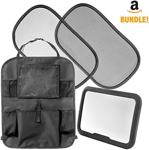 Car Seat Accessories for Kids &amp; Babies: 4 in 1 Set Includes Backseat Organizer with Tablet Holder, Adjustable Rear Facing Baby Mirror &amp; 2 Static Cling Window Sun Shades - Fast Install for Any Vehicle