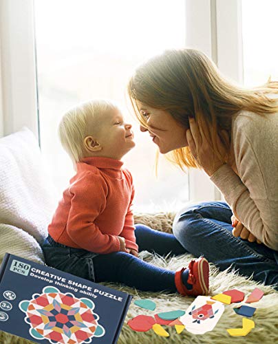 180 Pcs Wooden Pattern Blocks Puzzle, SWBONBON Geometric Shape Educational Montessori Tangram, Learning Toys Preschool Animal Jigsaw Puzzle for 3-8 Ages