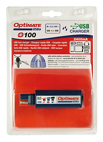 OptiMATE USB O-100, 2400mA USB charger, SAE input, with vehicle battery protection.