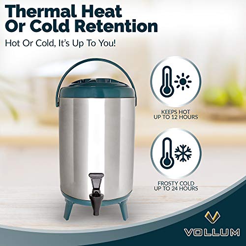 Vollum Stainles Steel Insulated Beverage Dispenser - Insulated Thermal Hot and Cold Beverage Dispenser - 12 Liter Drink Dispenser with Spigot for Hot Tea & Coffee, Cold Milk, Water, Juice & More TEAL - Thumbnail 2