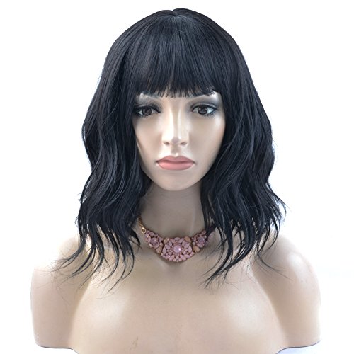 BERON 14'' Short Curly Women Girl's Charming Synthetic Wig with Air Bangs Wig Cap Included (Jet Black)