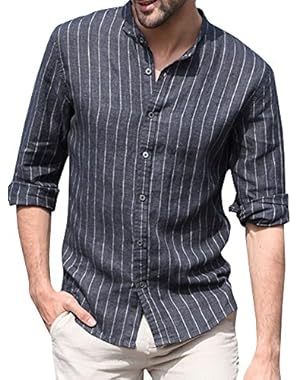 Mens Long Sleeve Linen Stripe Casual Top Henley Shirt