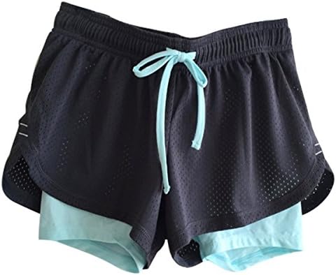FEILV Women's Active Mesh 2 in 1 Run Sport Shorts (XL, Blue)