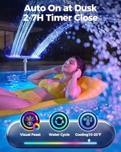 AJOGO Solar Pool Fountain with Lights for Inground & Above Ground Pools — Dual-Powered Rechargeable, 10-Color Dynamic LED Waterfall, 15°F Cooling Aerator (White)