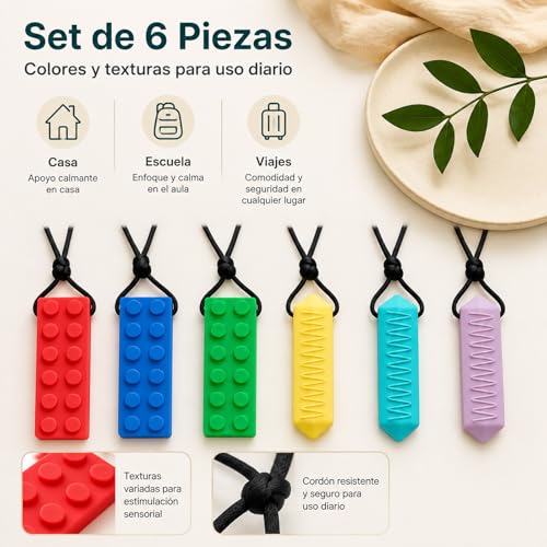 Collar Mordedor Sensorial 6 Piezas para Niños y Bebés, Collares Masticables de Silicona sin BPA, Mordedera Sensorial para Autismo, TDAH, TPS, Dentición y Estimulación Oral Motora