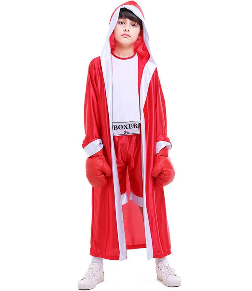 ZNLFS Children Boxing Costume Halloween Fancy Dress Role Playing Uniform Carnival Boxer Sport Jumpsuit and Robe for Kids (Red, 6-8 Years) — image 1