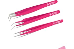 BOXGROVE BEAUTY Lash Tweezers, Pack of 3 Stainless Steel Tweezers For Eyelash Extension | Straight and Curved Tip Eyelash Tweezers | False Lash Application Tools (Pack of 3, Pink)