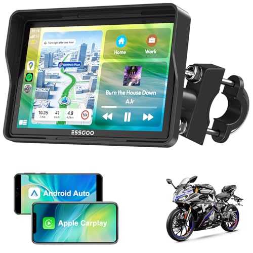 ESSGOO CarPlay Moto 5" Écran Tactile IPS avec CarPlay & Android Auto sans Fil, GPS Moto Étanche, Musique Bluetooth, Navigation, Support Siri, Installation & Démontage Faciles
