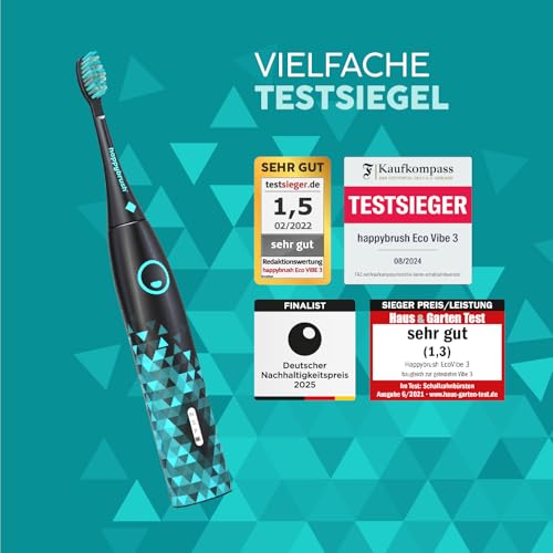happybrush® Schallzahnbürste Eco Vibe 3 – TESTSIEGER – 100 Tage testen - Elektrische Zahnbürste mit 8 Wochen Akku – Ultraschall Zahnbürsten – 2 Jahre Garantie - Inkl. Aufsteckbürsten - Black/Mint thumbnail 3