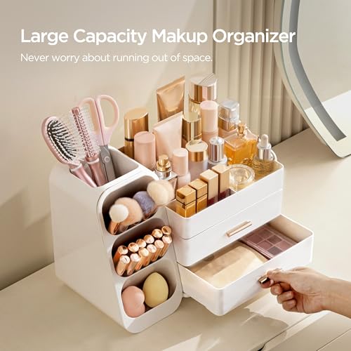 HBlife Makeup Cosmetic Organiser with Drawers, Brush Organiser, 3-in-1 Plastic Cosmetic Storage Box, Makeup Storage Box, Large Storage, White