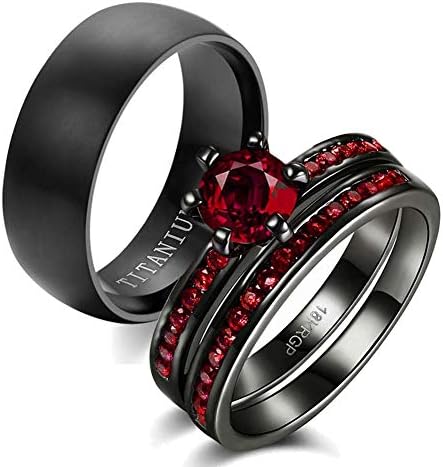 wedding ring set Two Rings His Hers Couples Matching Rings Women's 2pc Black Gold Filled Red CZ Wedding Engagement Ring Bridal Sets Men's Titanium Wedding Band