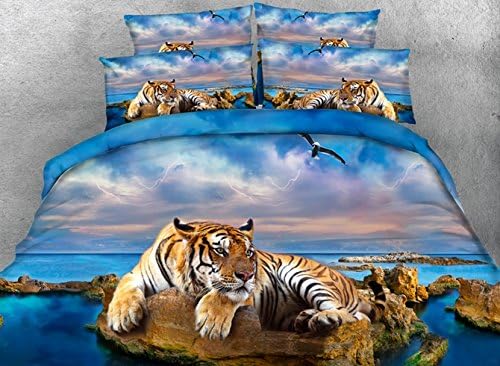 Duvet Cover Sets Queen,Luxury Tiger Bedding,1 Bed Sheet,1 Bedspreads/Comforter Cover Queen,2 Pillow Shams,4 Piece Soft 3D Bedding Sets King/Full/Twin,Blue
