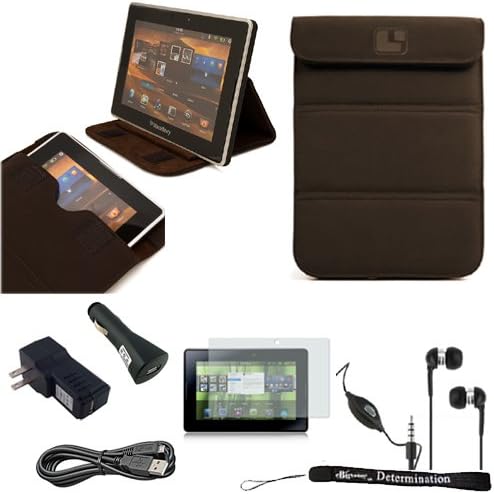 Brown Nubuck Sleeve Smart Stand Convertible Case For Blackberry Playbook Tab + Screen Protector + Car USB Charger + Home USB Charger + USB Sync Cable