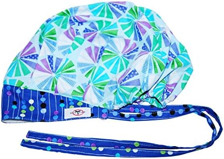 MedCap Scrub Hat Bouffant Scrub Cap with ties Ponytail Bubbles Blue Whirly Too