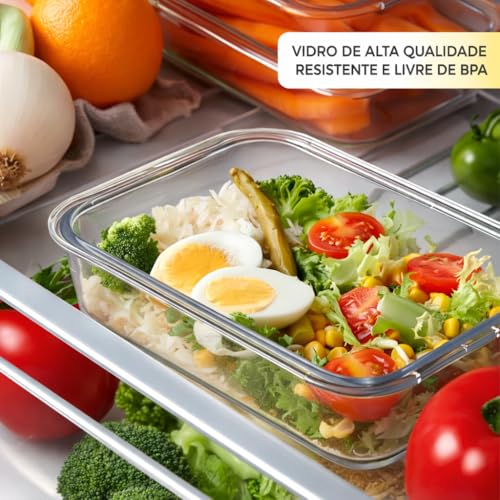 Kit 10 Potes de Vidro Hermético 640ml com Travas – Borossilicato Resistente, Tampa com Vedação em Silicone, BPA Free, Vai ao Microondas, Forno, Freezer e Lava-louças – Marmitas Saudáveis