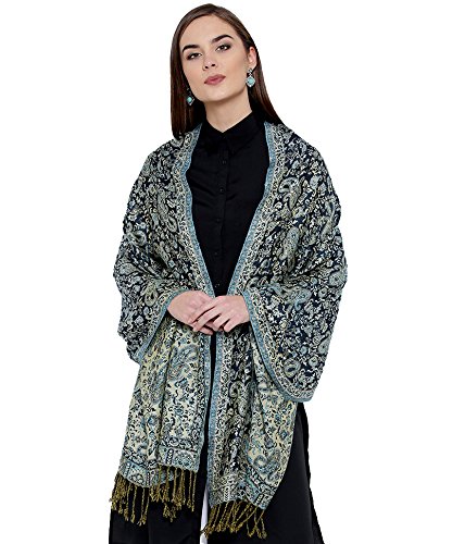 weavers villa - twill pashmina woven paisley jaal navyblue scarf, stoles, shawls