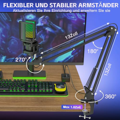 zealsound USB Gaming Microphone with Boom Arm & Table Tripod (2 Stands), Plug and Play Podcast Microphone for PC & Mobile Phone, with Tap-to-Mute, Gain Control, Monitoring, for Streaming, Discord, Zoom