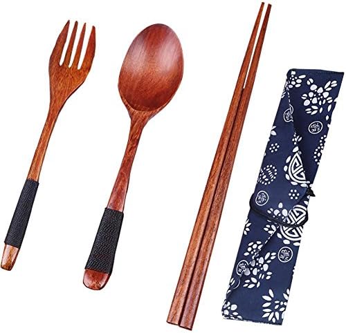 LIJUMN 3-piece Wooden Flatware Set Solid Wood Tableware Kitchen Utensils With Portable Pouch Including Wooden Fork, Wooden Spoon And Wooden Chopsticks For Camping Travel Picnic Office Home School