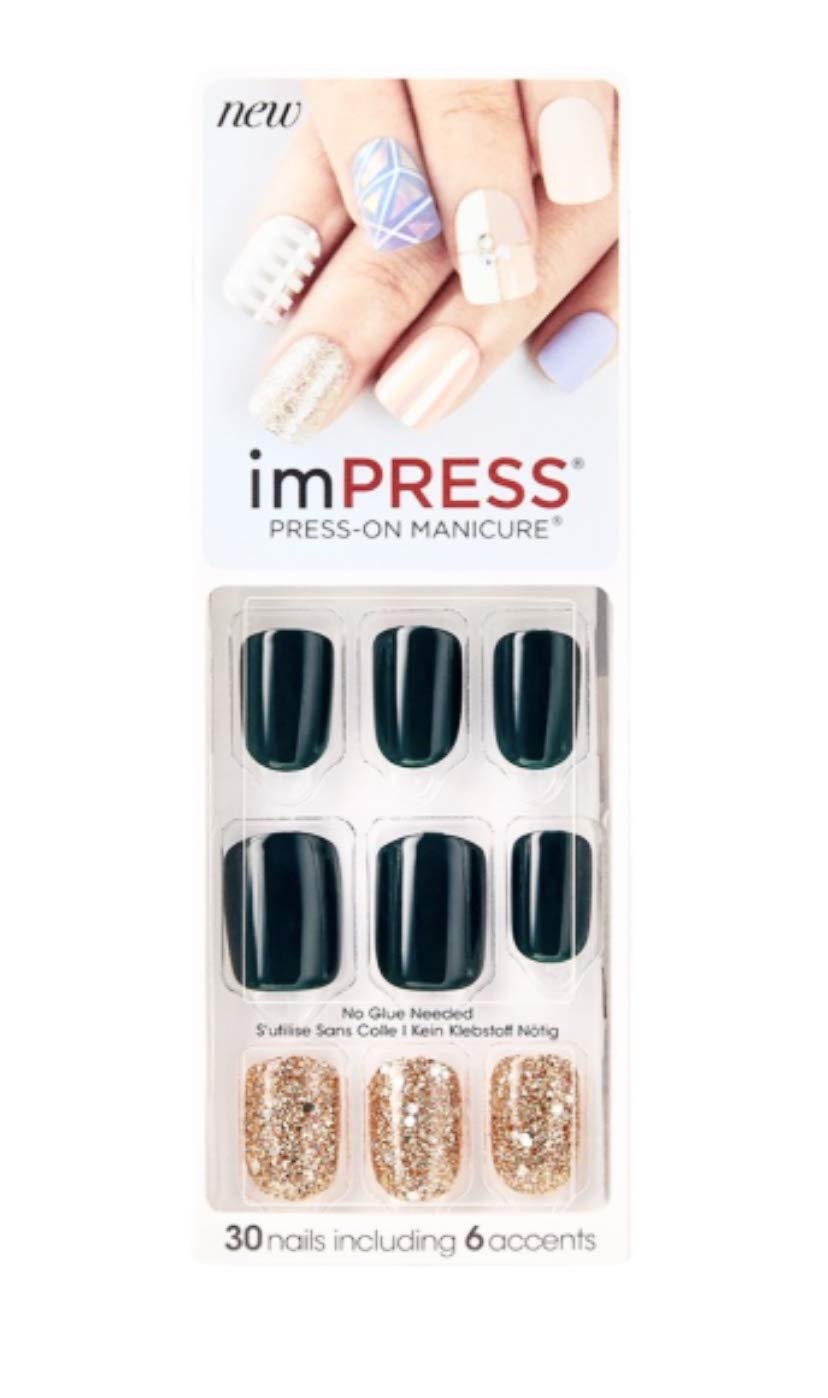 Amazon Com Kiss Impress Press On Manicure Dark Forest Green Nails Bells Whistles Beauty