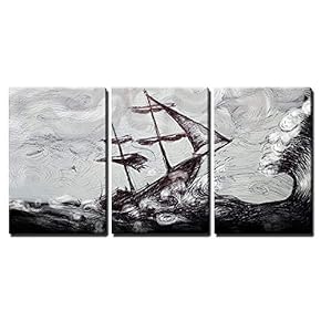3 Piece Canvas Wall Art - Illustration - Classic Boat Illustration, Sailing Boat in The Storm - Modern Home Art Stretched and Framed Ready to Hang - 16"x24"x3 Panels