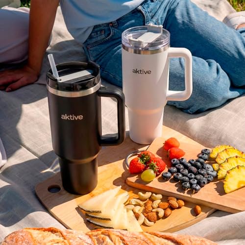 AKTIVE Insulated Stainless Steel Tumbler, 1.2L, White, Measures 15 x 10 x 27 cm, Leakproof Lid, Includes Straw, Ergonomic Handle, BPA Free, Non-Slip Base, Thermos Bottles (63152)
