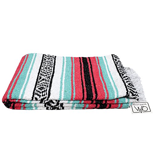 Mint Green and Coral Red Pink Mexican Blanket - Authentic Mexican Flasa - Great Yoga Blanket, Beach Blanket, Picnic Blanket, or Mexican Throw! Handwoven
