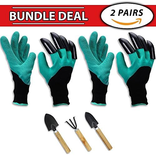 Garden Genie Gloves BUNDLE PACK [2 Pairs + Premium Tool Set] - Sturdy Right Hand Claws on Fingertips for Gardening - Assists Digging, Planting, and Pruning - For Men, Women, Kids, Children