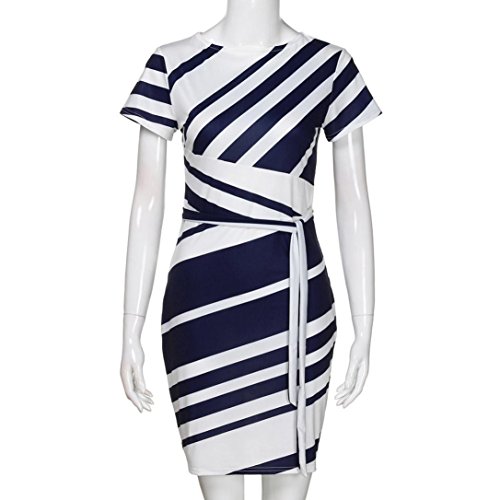Nikuya Women's Casual Mini Dresses Working Dresses Pencil Stripe Party Dress White Evening Dresses (Blue, S)