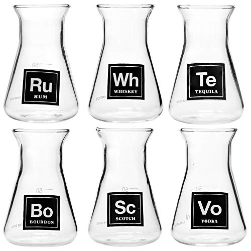 Drink Periodically Set of 6 Laboratory Erlenmeyer Flask Shot Glasses, Clear Glass-2.75oz each