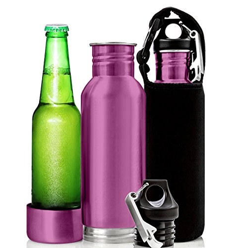 Stainless Steel Beer Bottle Koozie By K-AXIS: For All Standard 12oz Soda Bottles, Drink Holder And Chiller With Cap And Neoprene Sleeve, For Outdoor Activities And Sports (Matte Pink)