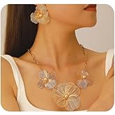 Mexegy Chunky Gold Flower Necklace Earrings Set for Women,Vintage Texture Ginkgo Leaf Statement Stud Earrings,Trendy Brides Wedding Jewelry Accessories Gift